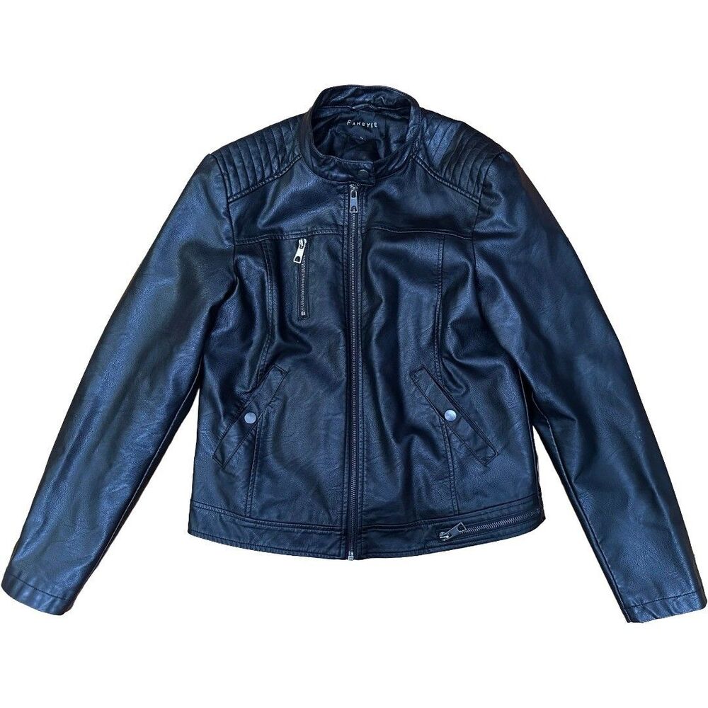 Moto Style Jacket Faux Leather Women’s L Fahsyee Black Fully Lined